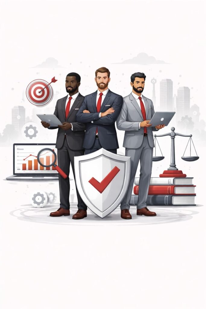 Abstract illustration featuring a team of professional legal marketing specialists representing trusted law firm SEO services in the Markham market, combined with legal authority and strategic digital visibility concepts.