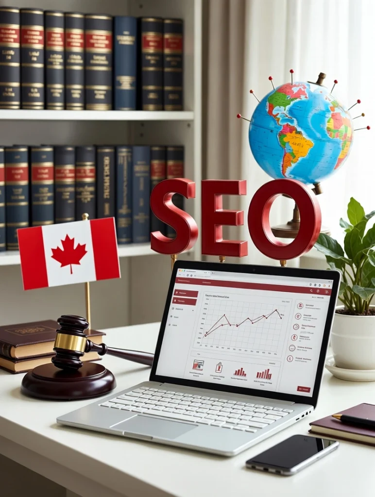 Canadian flag and gavel beside a laptop showing SEO analytics dashboard, representing ethical and effective SEO services for law firms in Canada
