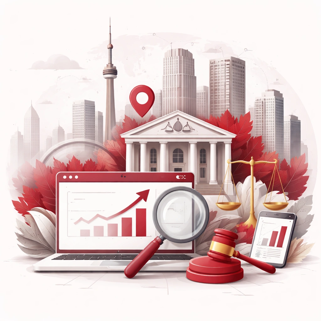 Abstract illustration representing law firm SEO services in North York, Toronto, showing legal authority and digital visibility through symbolic search and location elements.