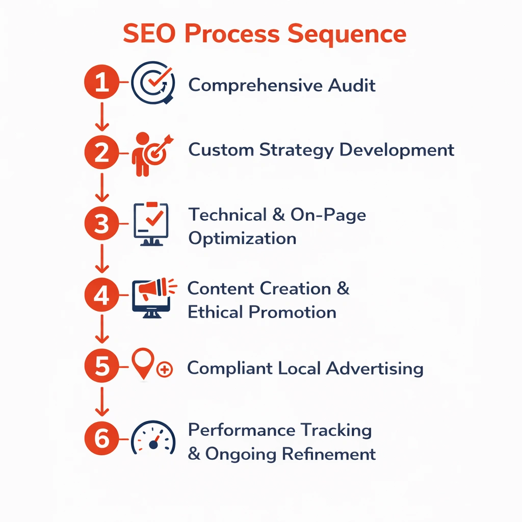 Infographic showing the 6-step SEO process: 1. Audit Everything, 2. Build Your Strategy, 3. Fix & Optimize, 4. Publish & Promote, 5. Run Local Ads, 6. Measure & Scale