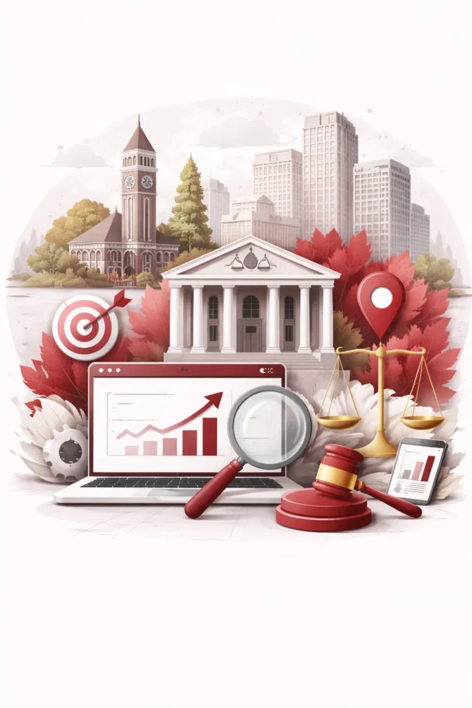 Abstract illustration representing law firm SEO services built for the Brampton legal market, combining legal authority with localized digital visibility concepts.