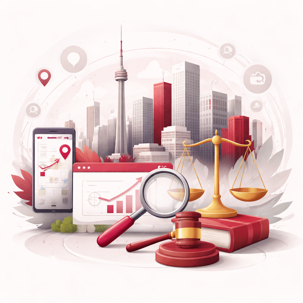 Abstract illustration representing law firm SEO services in Toronto, featuring symbolic legal elements and digital visibility concepts within a modern city backdrop.
