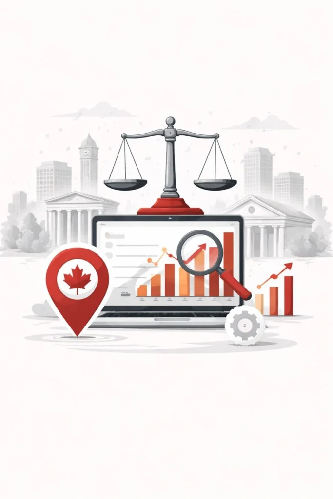 Abstract illustration representing law firm SEO services tailored to the Vaughan market, combining legal authority with strategic digital search visibility in a modern, professional style.