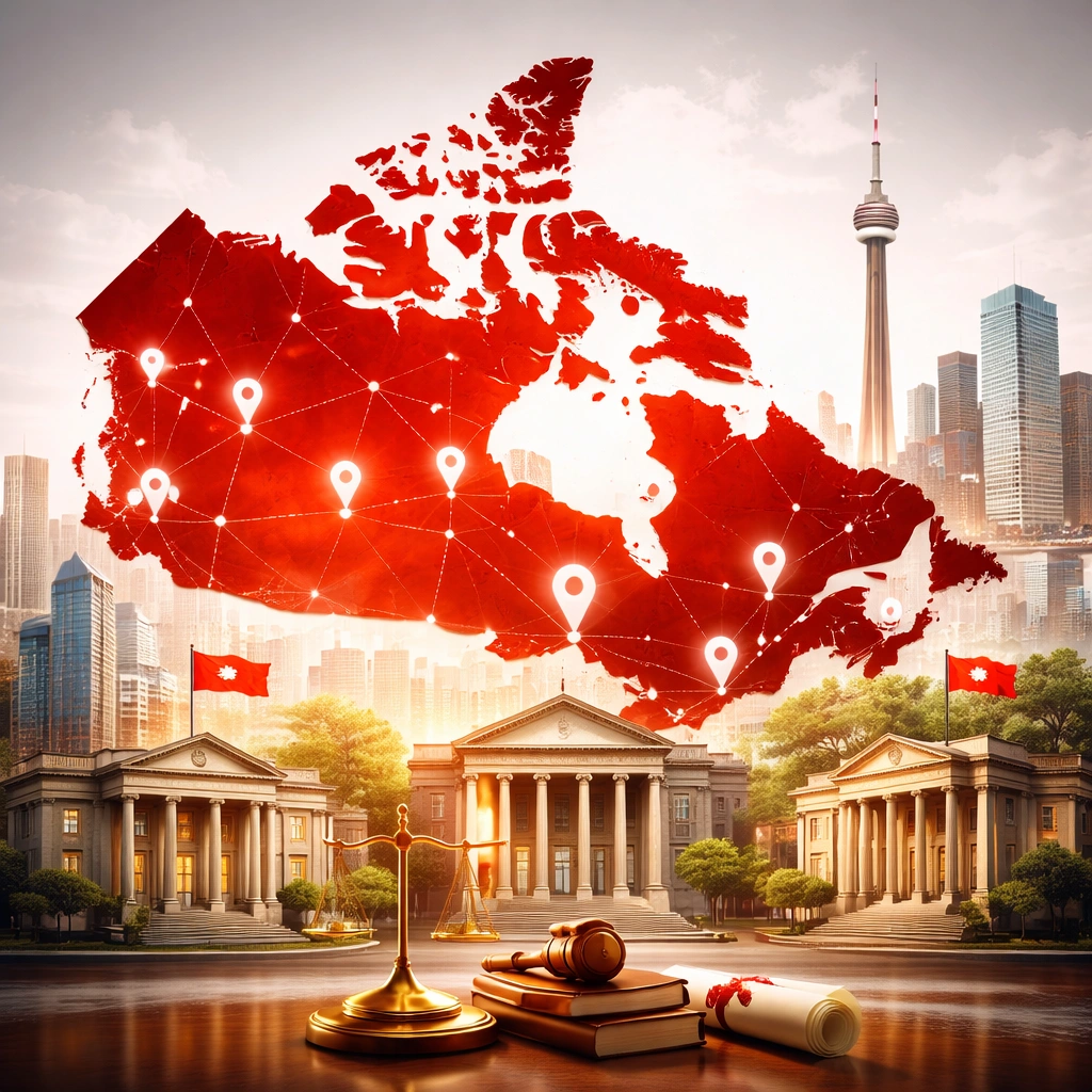 Canada map with connected location pins over a red silhouette, featuring justice scale, gavel, law books, and Canadian flags in front of grand courthouses and the CN Tower, representing multi-location and enterprise law firms across Canada