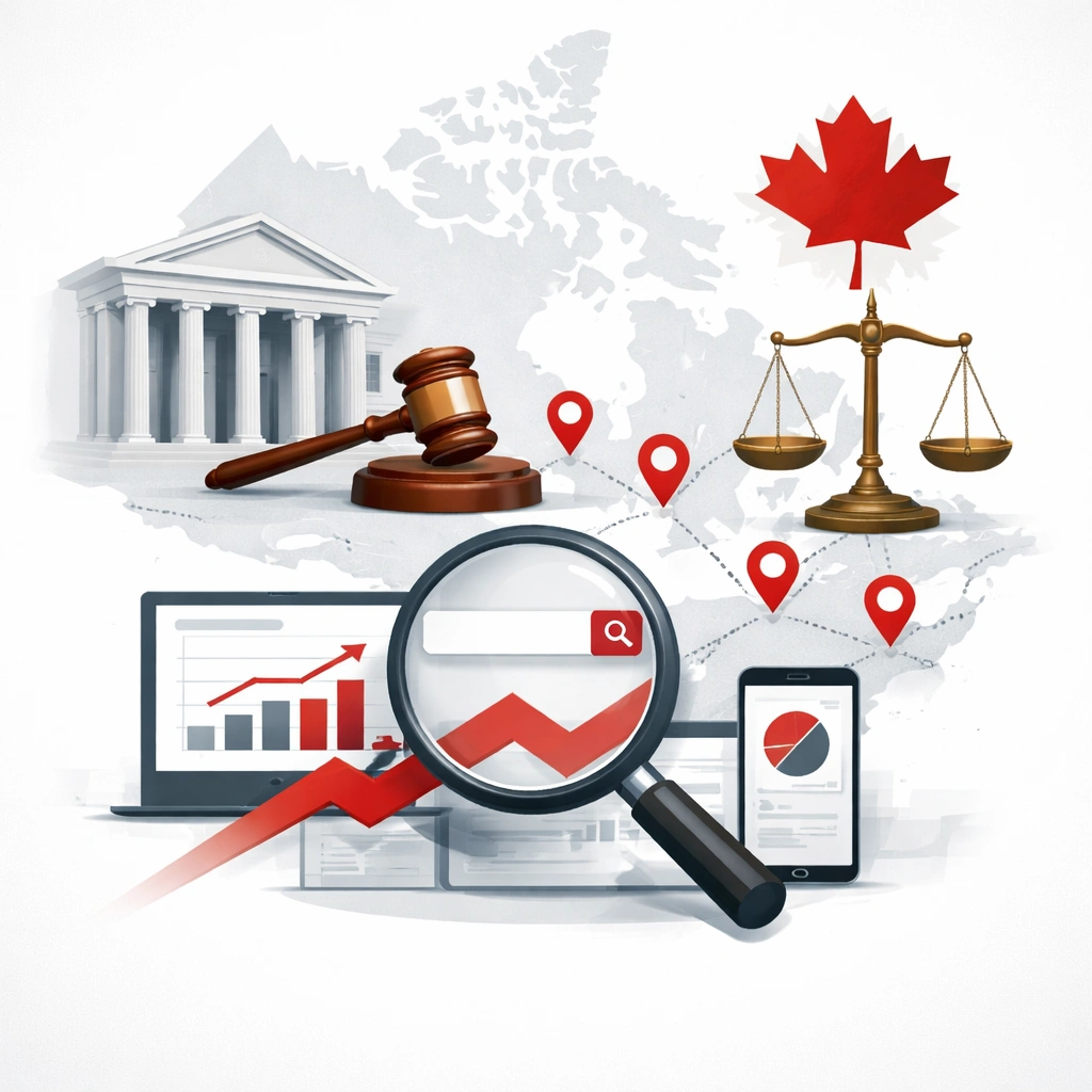Professional illustration showing Canadian legal symbols and SEO analytics, representing law firm practice areas served across Canada.