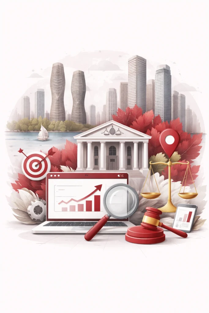 Abstract illustration representing tailored law firm SEO for the Mississauga market, combining legal authority with localized digital visibility concepts in Canada.