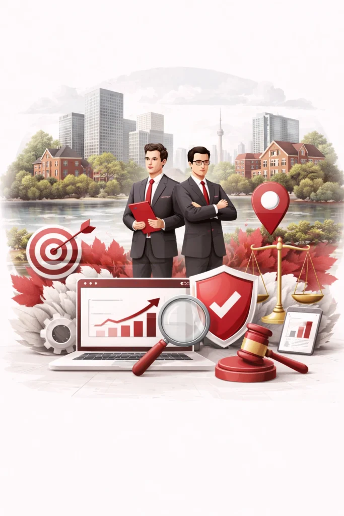 Abstract visual representing a trusted local SEO partner for law firms in Markham, combining legal credibility with localized digital visibility in the Canada market.