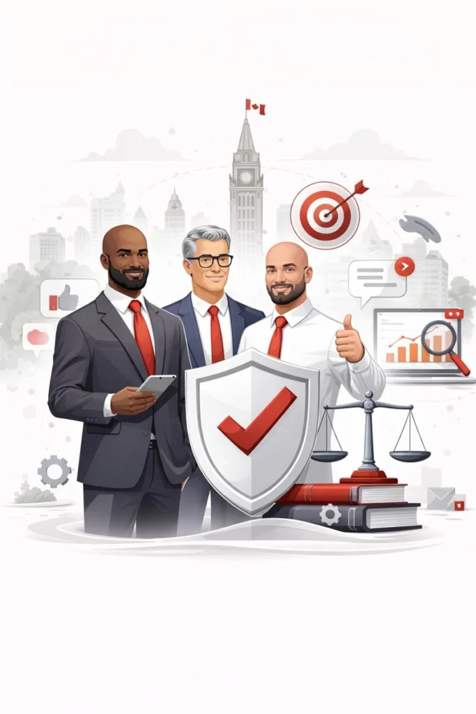Abstract illustration showing why law firms choose SEO services in Ottawa, featuring unique professional figures, legal symbolism, and digital visibility elements in a refined style.