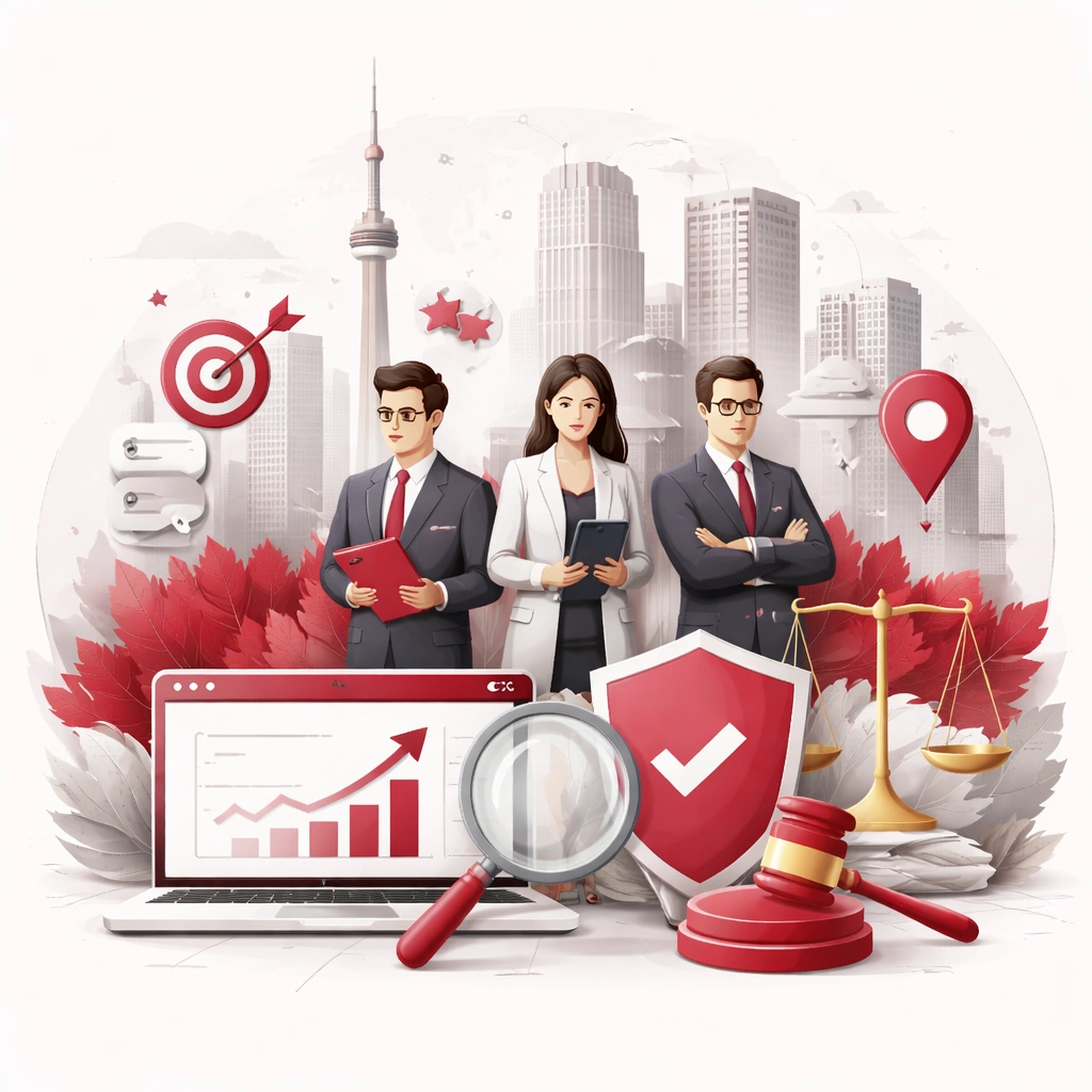 Abstract visual representing trusted law firm SEO services in North York, Toronto, combining legal authority, protection, and digital visibility concepts.