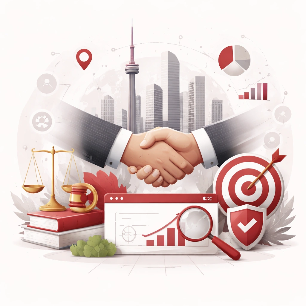 Abstract illustration symbolizing law firm SEO services in Toronto, showing professional partnership, legal expertise, and improved digital visibility through symbolic legal and search elements.