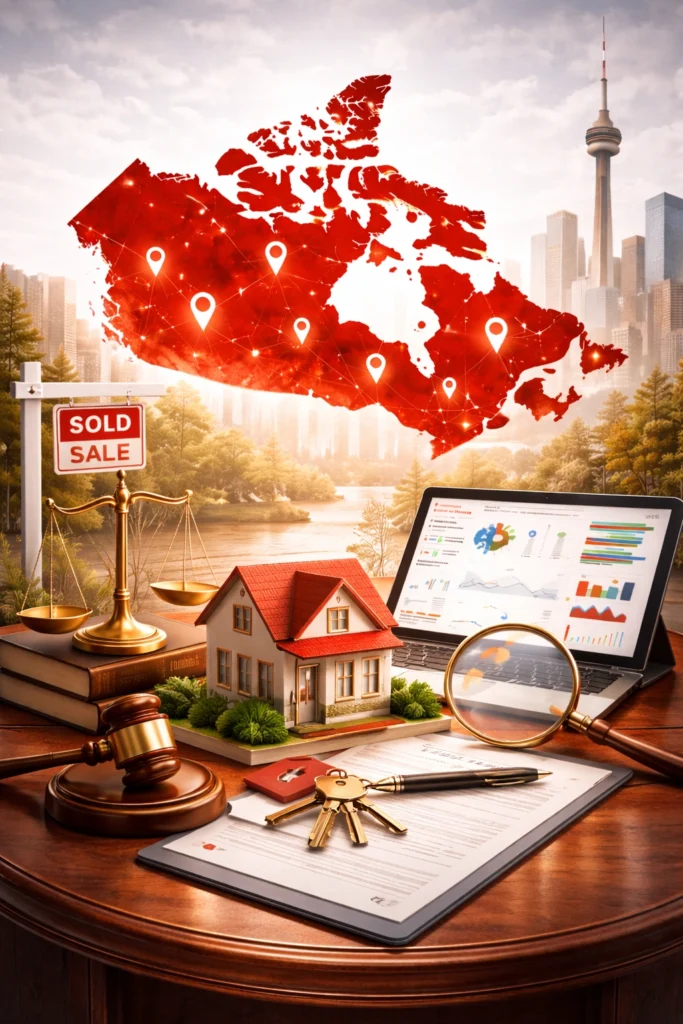 Abstract visual representing real estate law and digital visibility in Canada, featuring legal and property elements with a modern SEO concept in a red and white color palette.