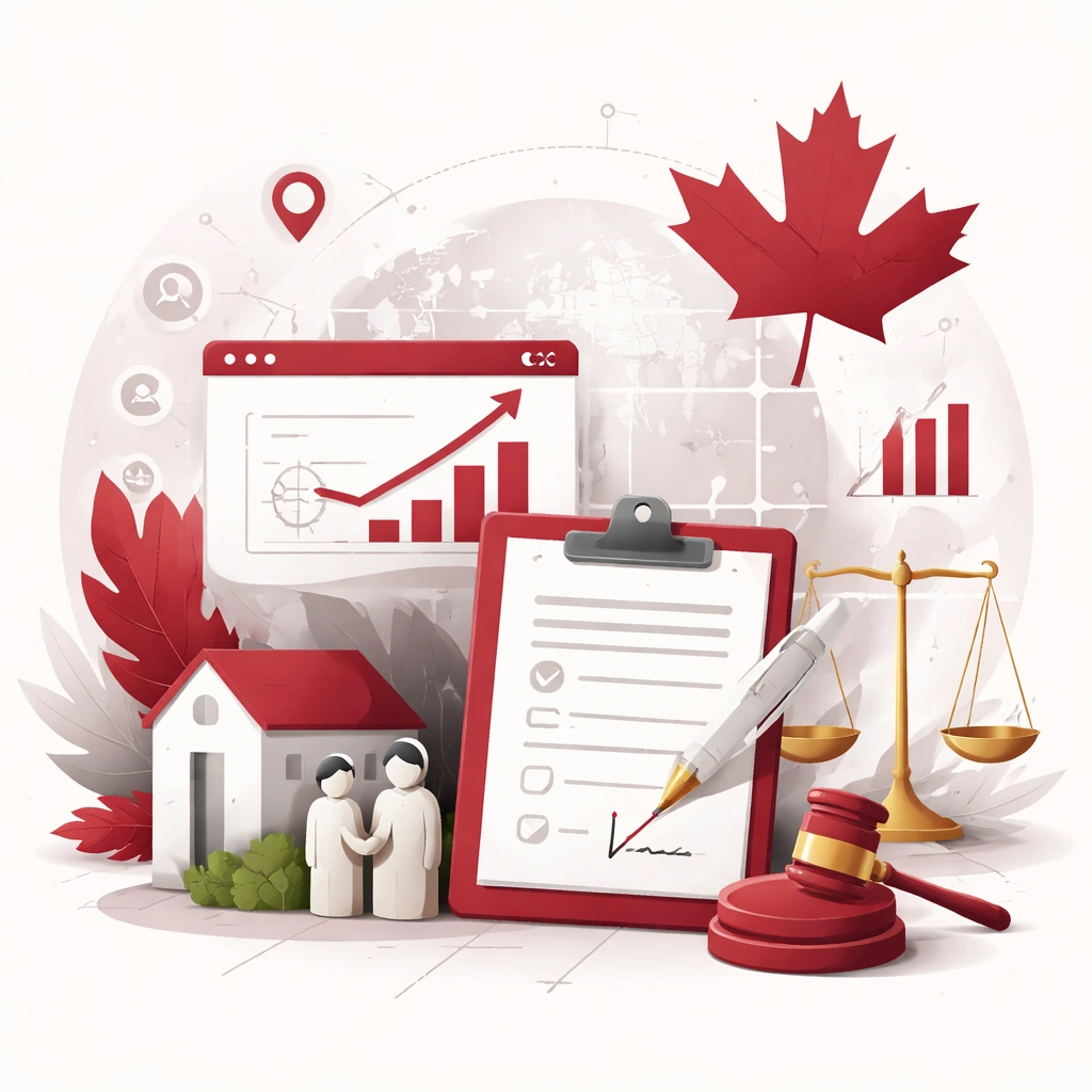 Abstract visual representing wills and estates law combined with digital visibility and online search presence in Canada, using symbolic legal and growth elements.