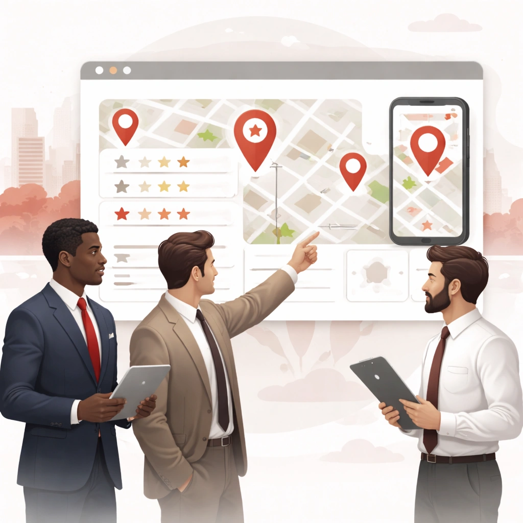 Abstract professional illustration of legal professionals analyzing a digital map interface with location pins, review indicators, and visibility analytics in a red and white theme