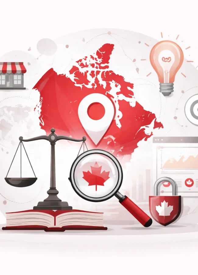 Abstract illustration representing franchise and intellectual property law firms in Canada achieving digital visibility through SEO, using legal and search-related symbols.