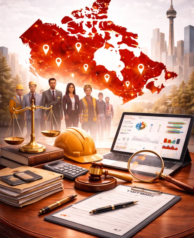 Employment and labour law firm SEO concept in Canada showing legal tools, workforce elements, and digital visibility across Canadian regions