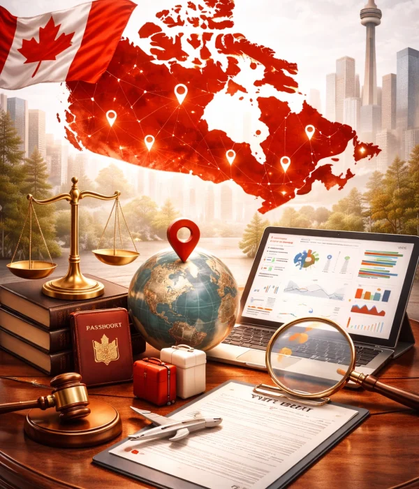 Abstract visual representing immigration law firms in Canada improving online visibility through SEO, featuring legal and digital search concepts in a Canadian context.